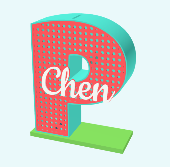 3D preview of a turquoise P money box with a red perforated front, white Chen name and green stand