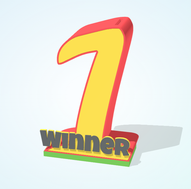 3D-Vorschau eines Pokals als Spardose in Form der Zahl 1, mit gelber Front, rotem Körper und Winner-Schriftzug