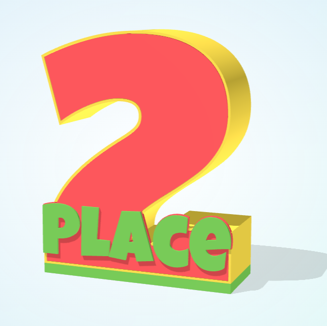 3D-Vorschau einer Spardose als Pokal in Form der Zahl 2, mit roter Front, gelbem Körper und grünem Place-Schriftzug