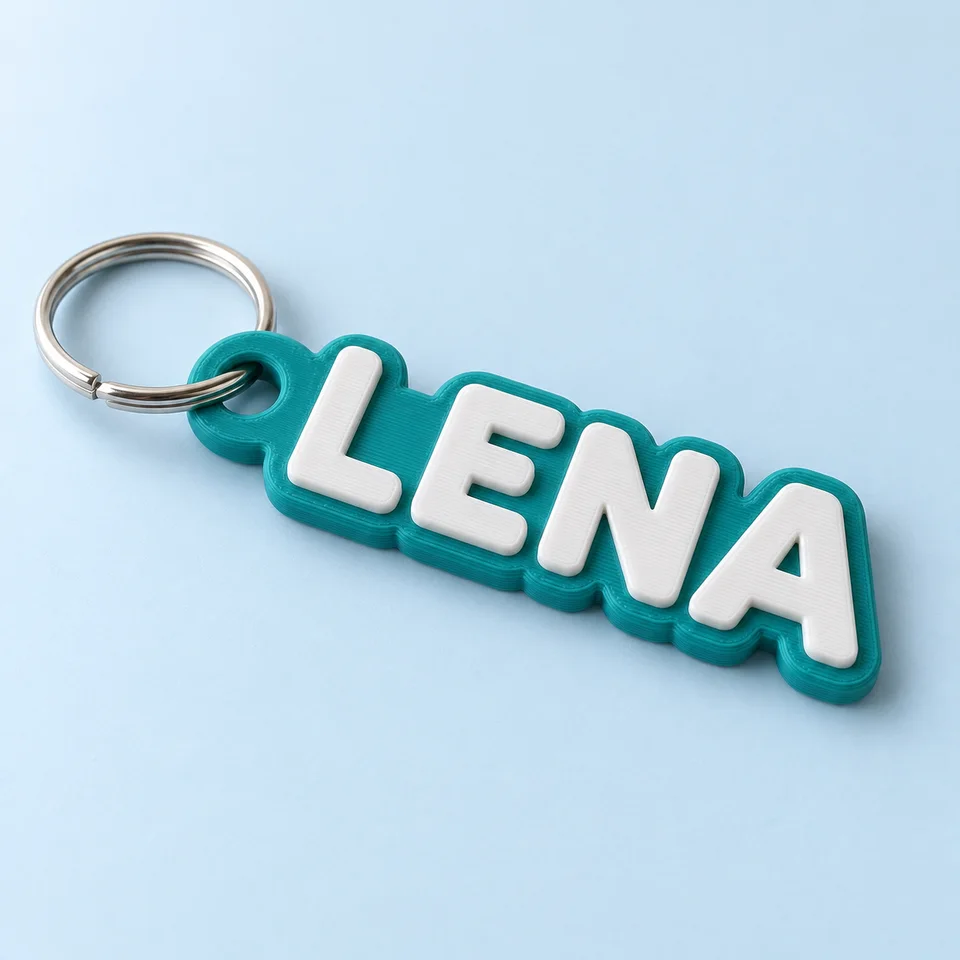 KI-generierte Designillustration: Türkisfarbener Namensanhänger mit weißer Schrift LENA