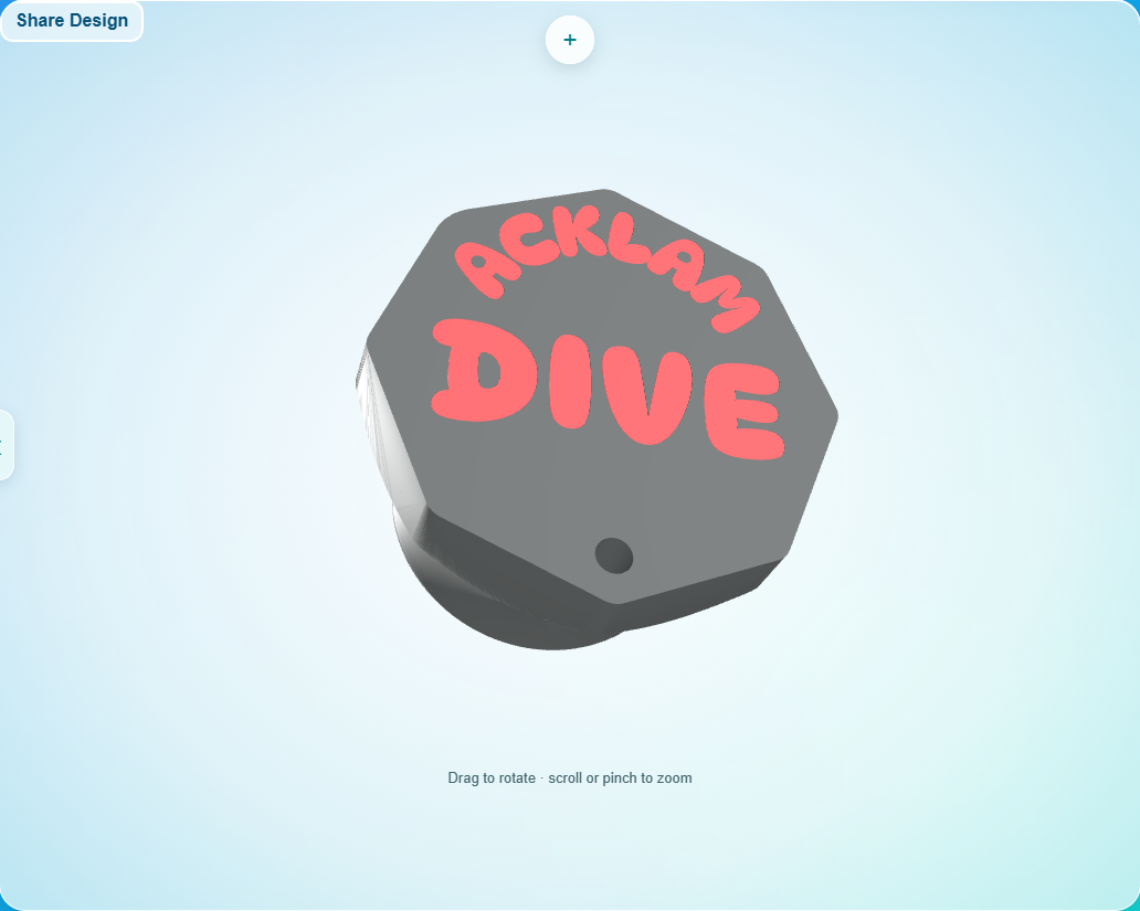 3D preview of a personalized DIN scuba regulator cap with flush lettering and a wallholder opening